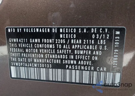 2012 Volkswagen Jetta 2.5L Se z USA, uszkodzony, nr VIN 3VWDP7AJ4CM130133